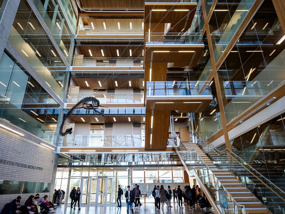 Interior centre building with high ceilings, staircase and glass