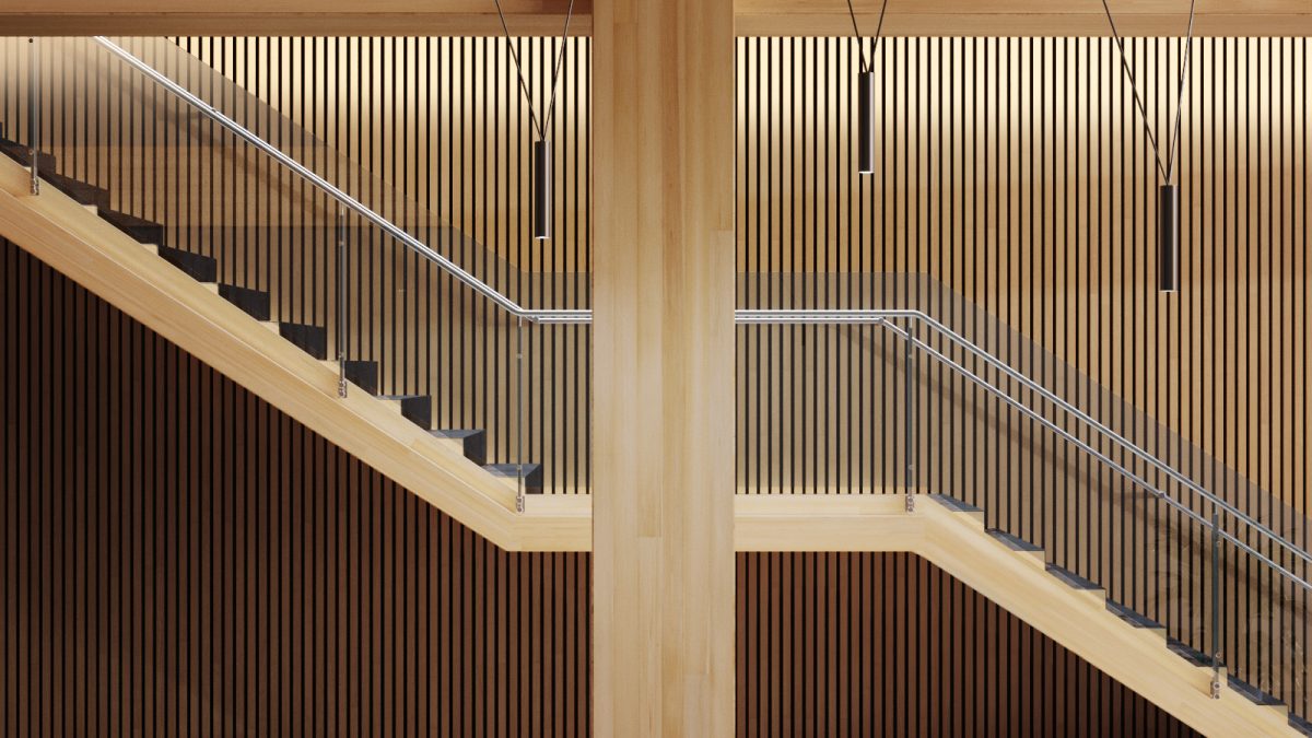 wooden staircase side view with wooden walls and wood pilar