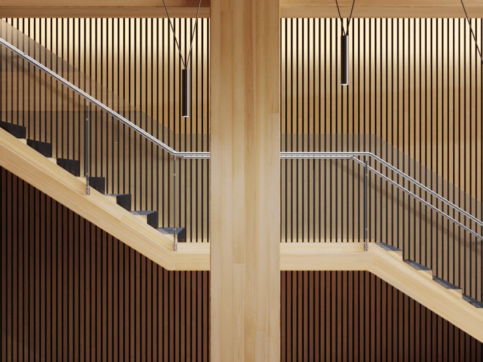 wooden staircase side view with wooden walls and wood pilar